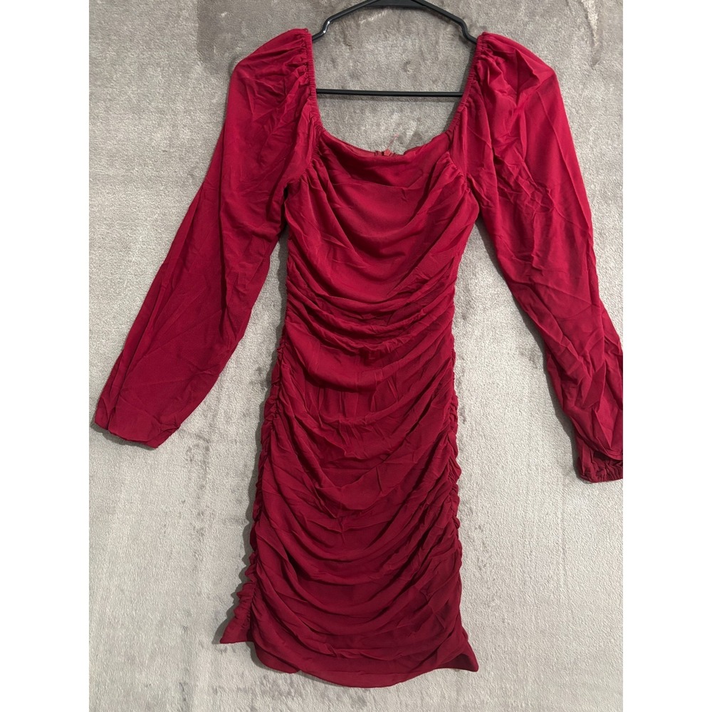 Womens Bodycon Dress Small Burgundy Mesh Ruched Detailed Long Sleeve Back Zipper